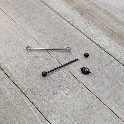 14G Black Bat Heart Halloween Clear Industrial Barbell 38mm Set of 2