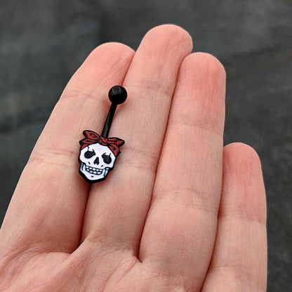 Black Halloween Skull Kerchief Spooky Belly Ring
