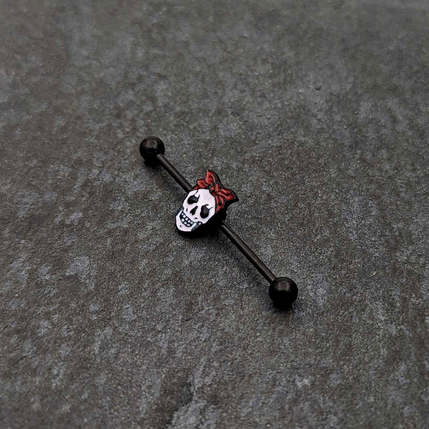 14G Black Halloween Skull Kerchief Industrial Barbell 38mm