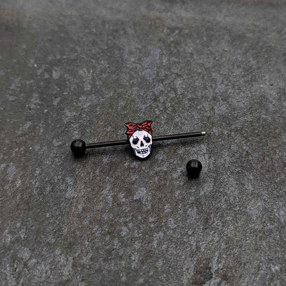 14G Black Halloween Skull Kerchief Industrial Barbell 38mm
