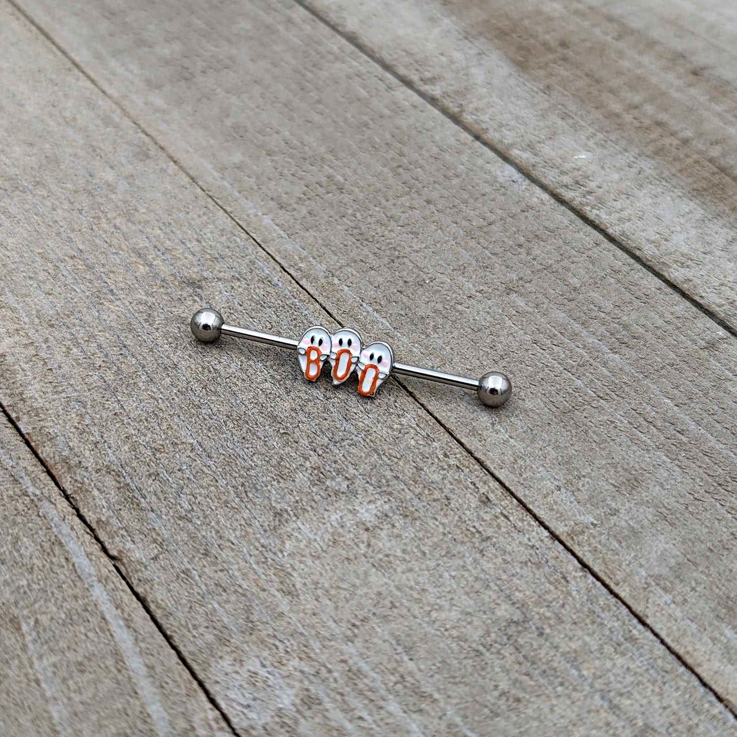 14G Retro Halloween Boo Ghost Trio Industrial Barbell 38mm