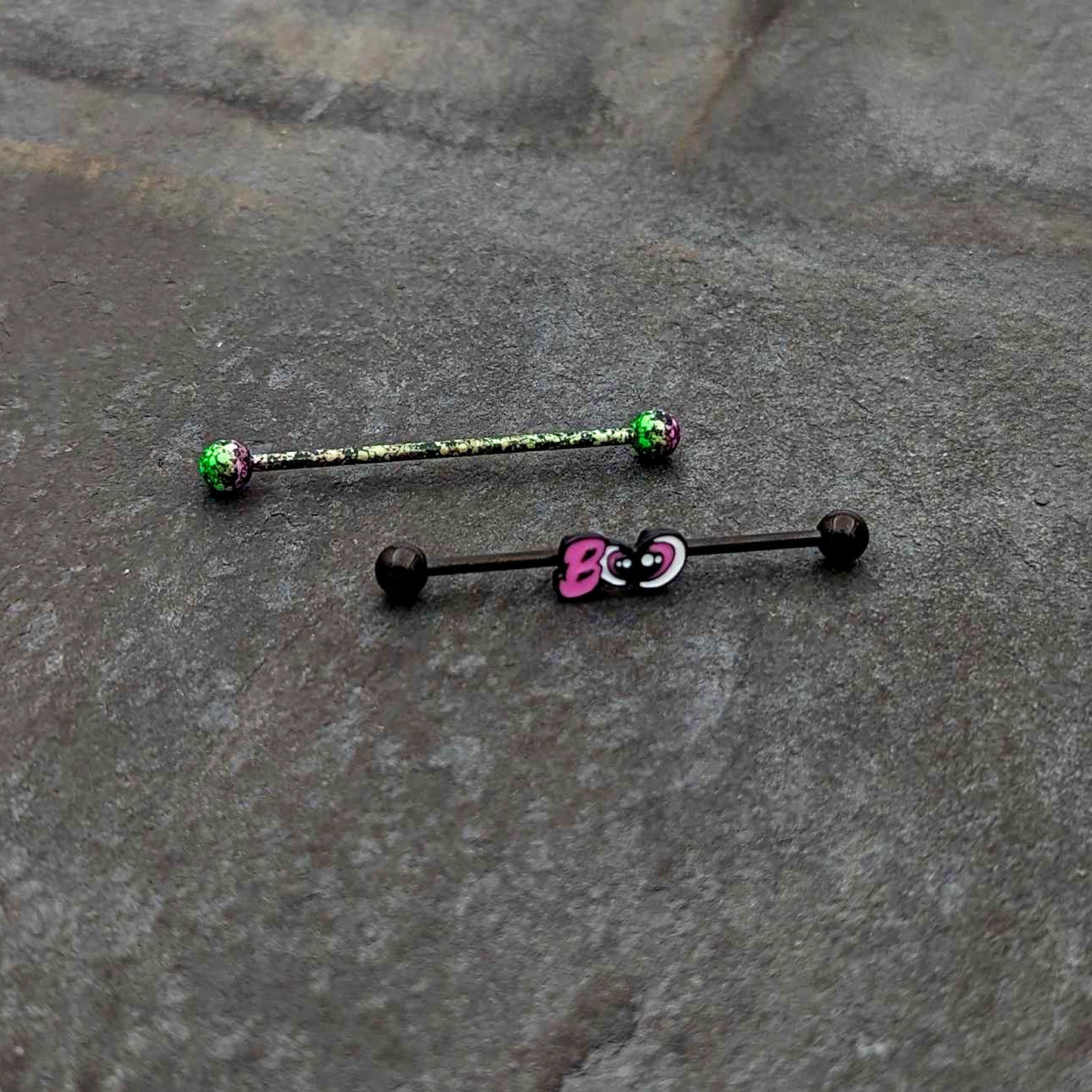 14G Black Halloween Pink Boo Green Industrial Barbell 38mm Set of 2