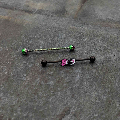 14G Black Halloween Pink Boo Green Industrial Barbell 38mm Set of 2