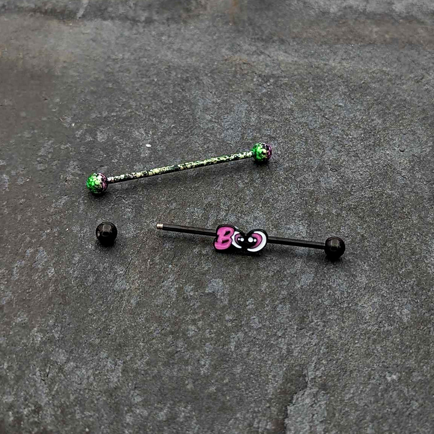 14G Black Halloween Pink Boo Green Industrial Barbell 38mm Set of 2