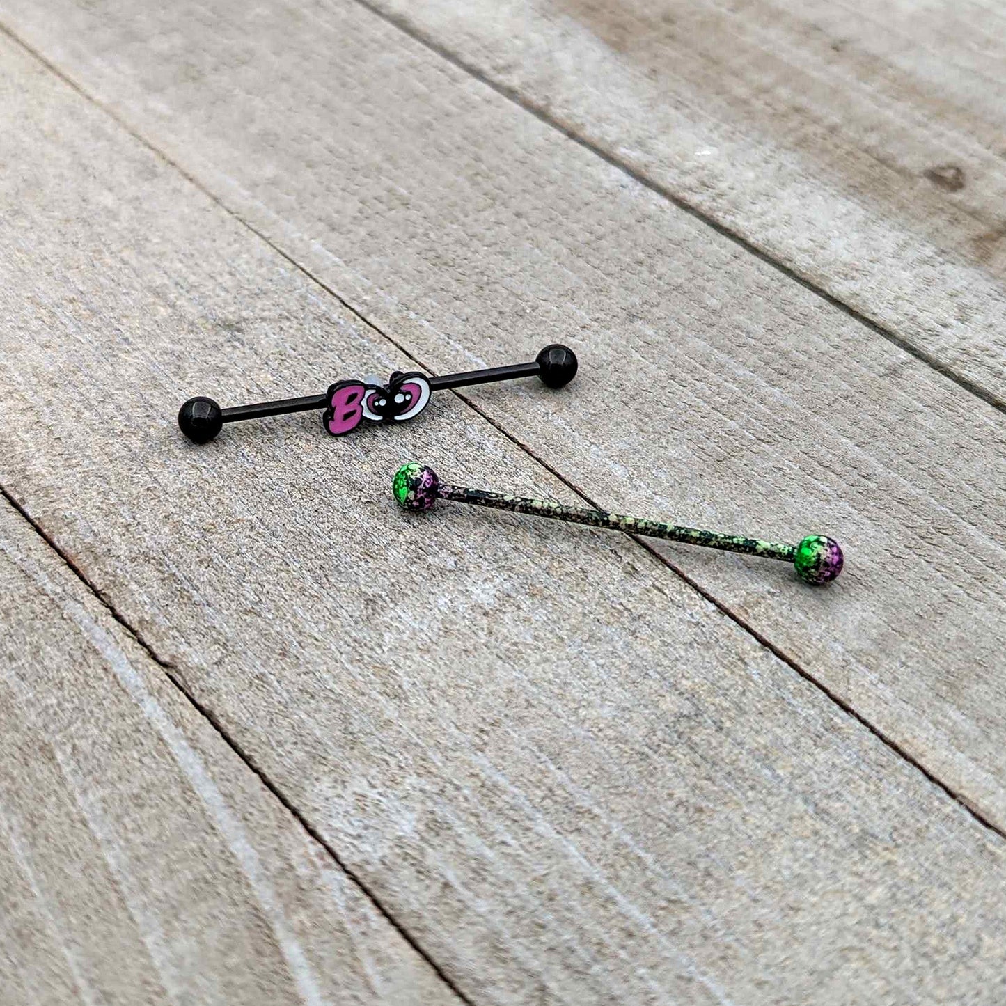 14G Black Halloween Pink Boo Green Industrial Barbell 38mm Set of 2