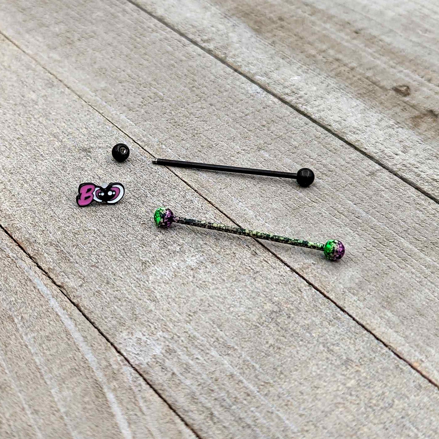 14G Black Halloween Pink Boo Green Industrial Barbell 38mm Set of 2