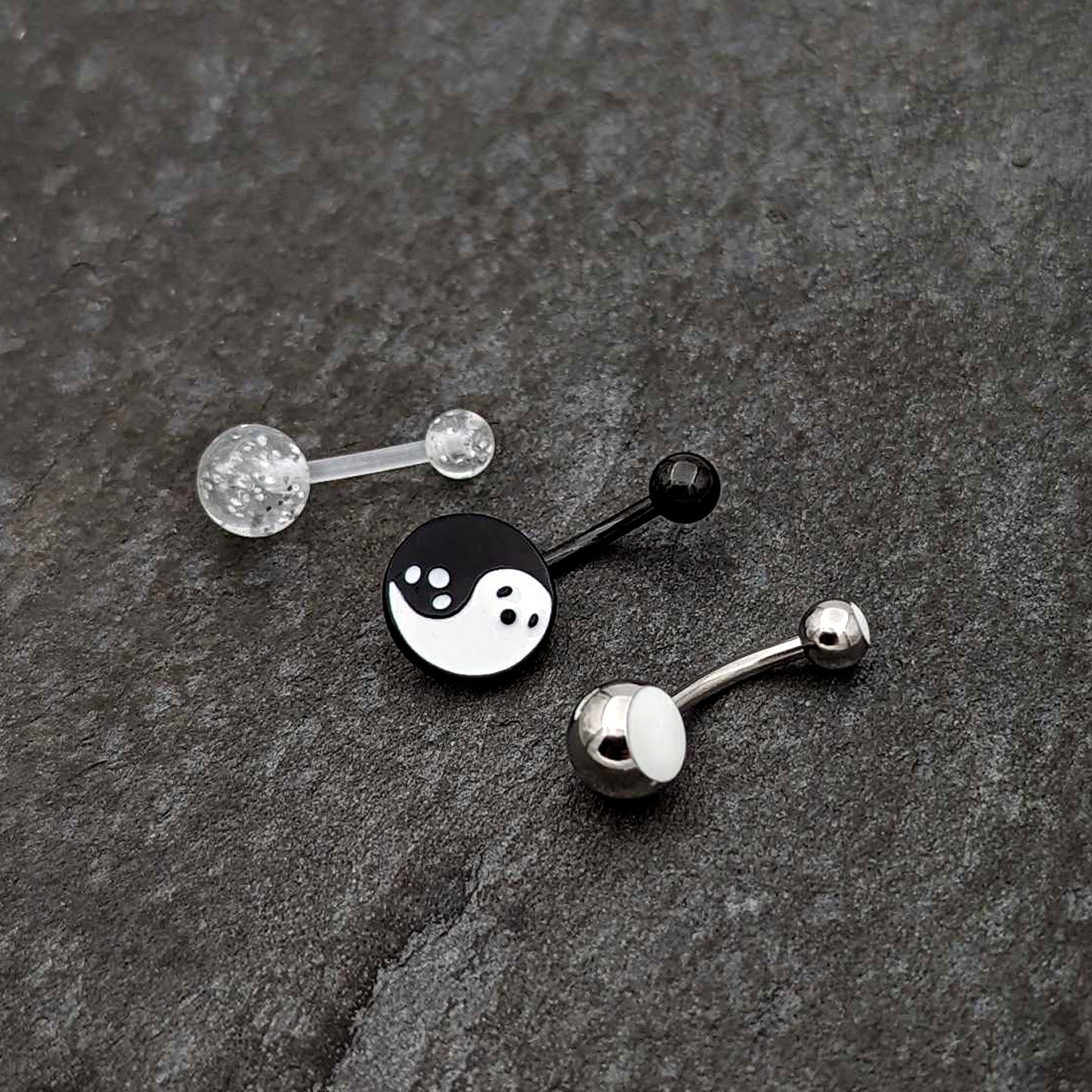Black Yin Yang Ghost Glow in Dark Halloween Clear Belly Ring Set of 3
