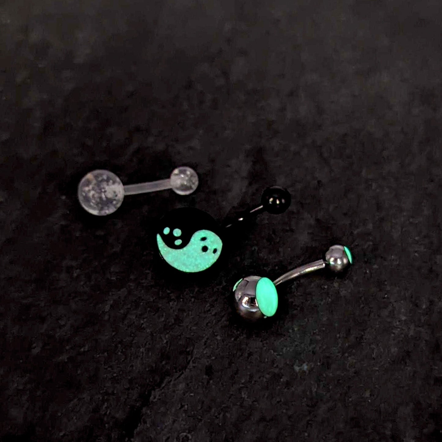Black Yin Yang Ghost Glow in Dark Halloween Clear Belly Ring Set of 3