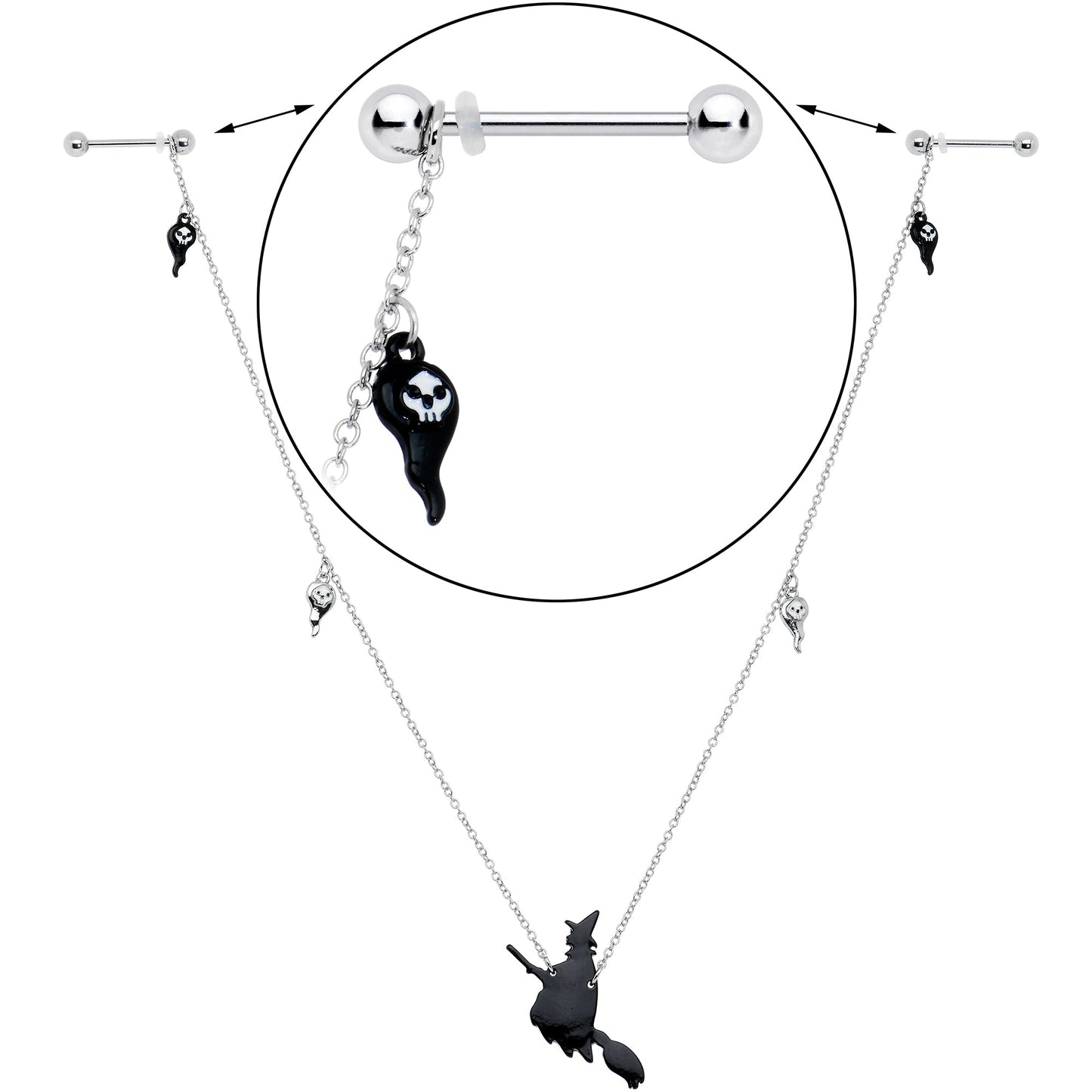 14G 9/16 Creepy Ghosts Witch Halloween Dangle Nipple Chain Set