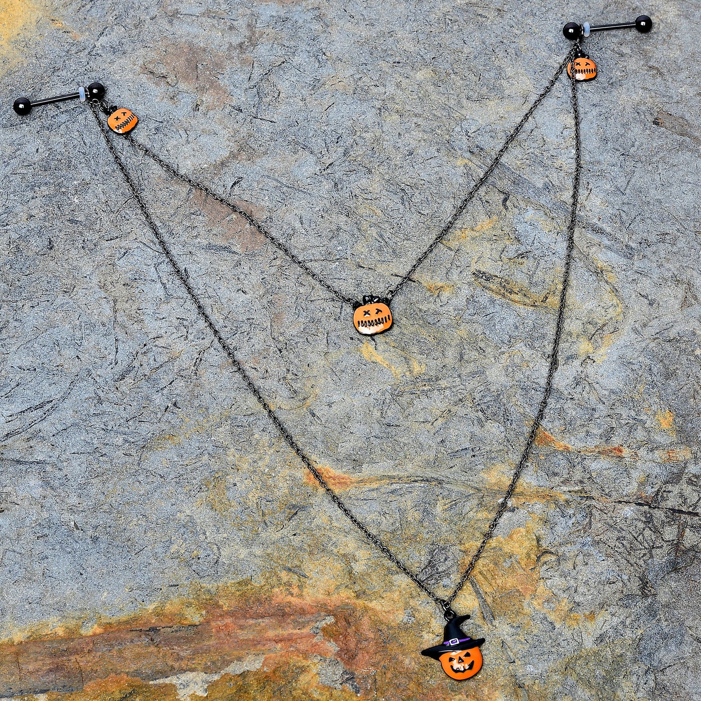 14G 9/16 Black Witchy Pumpkin Halloween Double Nipple Chain