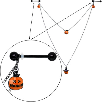14G 9/16 Black Witchy Pumpkin Halloween Double Nipple Chain