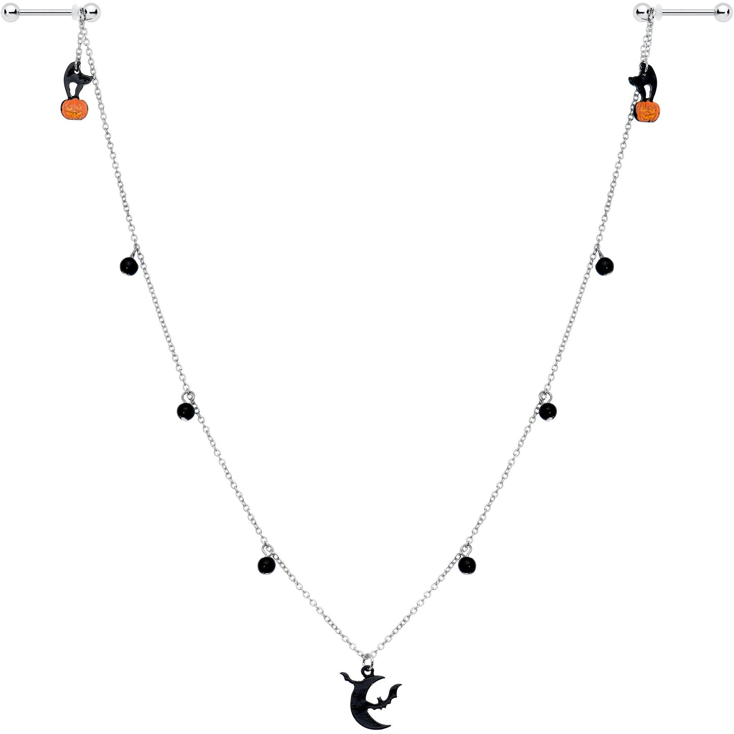 14G 9/16 Pumpkin Black Cat Moon Bats Dangle Halloween Nipple Chain