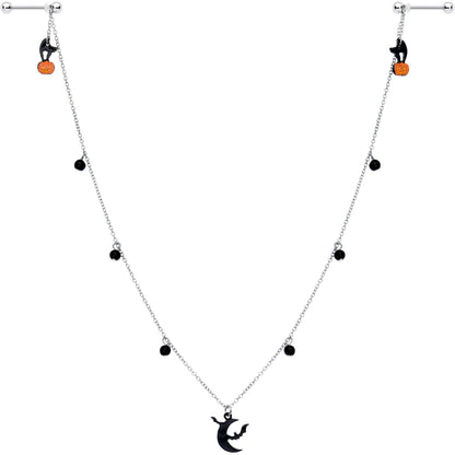 14G 9/16 Pumpkin Black Cat Moon Bats Dangle Halloween Nipple Chain