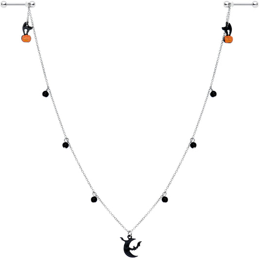 14G 9/16 Pumpkin Black Cat Moon Bats Dangle Halloween Nipple Chain
