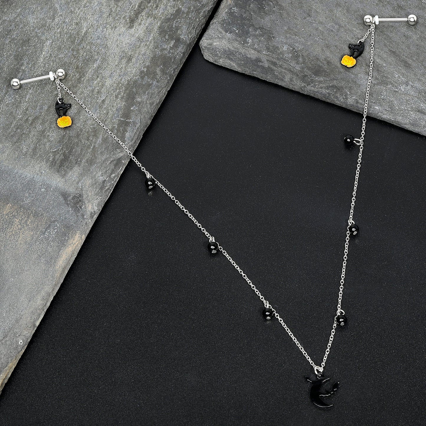 14G 9/16 Pumpkin Black Cat Moon Bats Dangle Halloween Nipple Chain