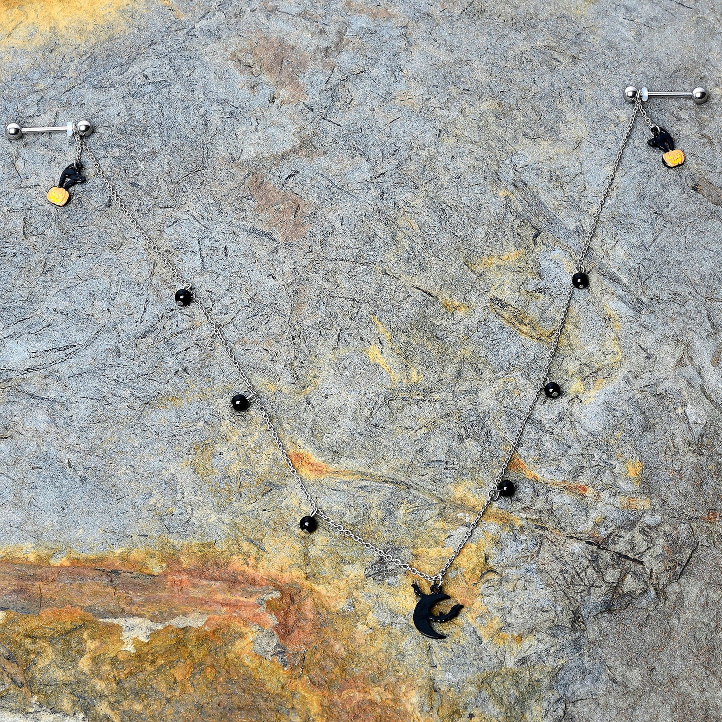 14G 9/16 Pumpkin Black Cat Moon Bats Dangle Halloween Nipple Chain