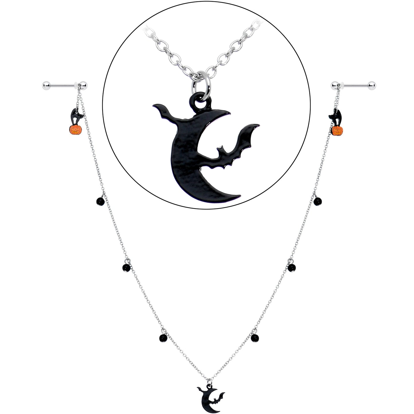 14G 9/16 Pumpkin Black Cat Moon Bats Dangle Halloween Nipple Chain