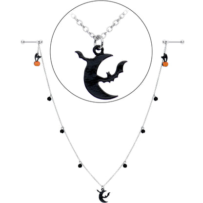 14G 9/16 Pumpkin Black Cat Moon Bats Dangle Halloween Nipple Chain