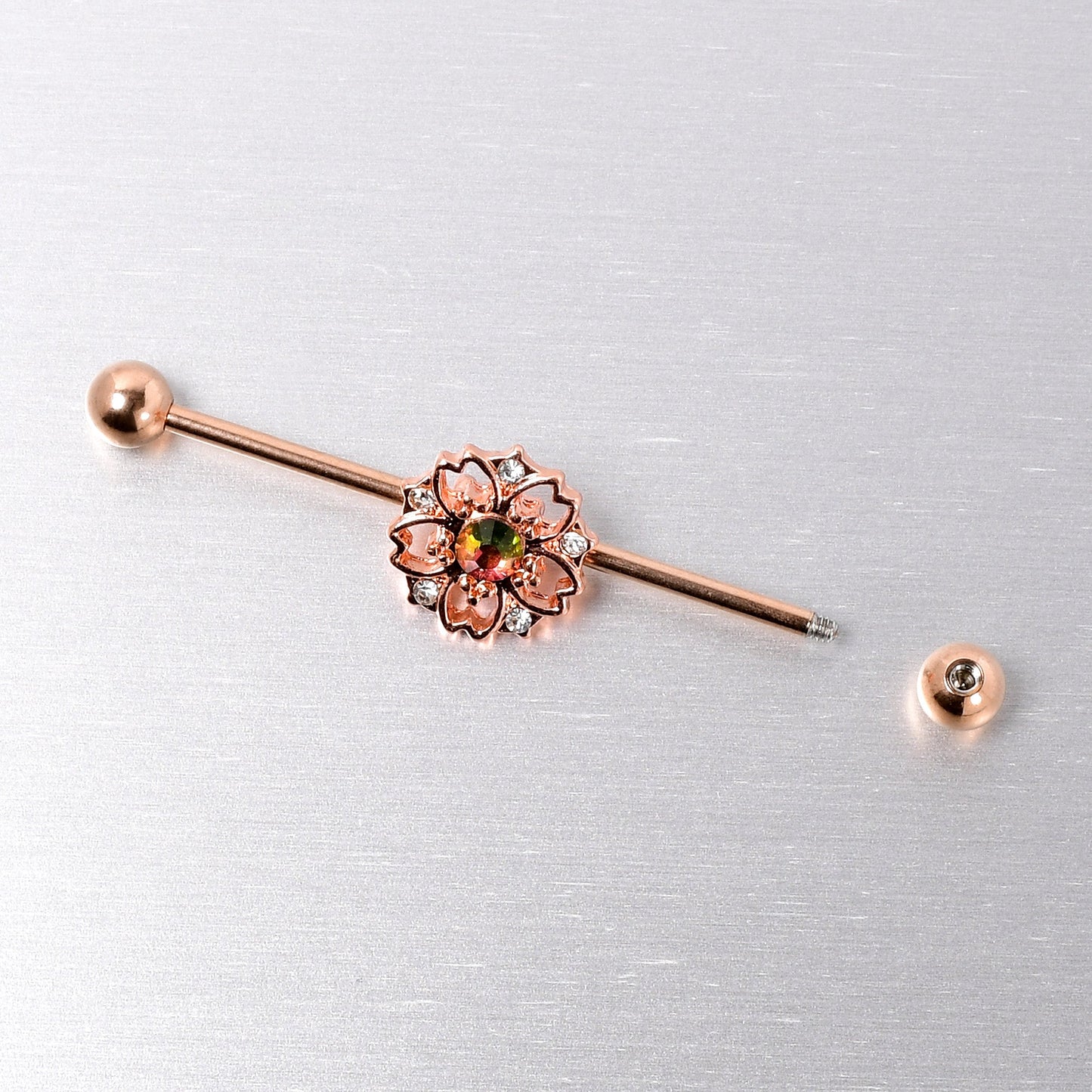 14G Dark Aurora Gem Rose Gold Tone Flower Industrial Barbell 38mm