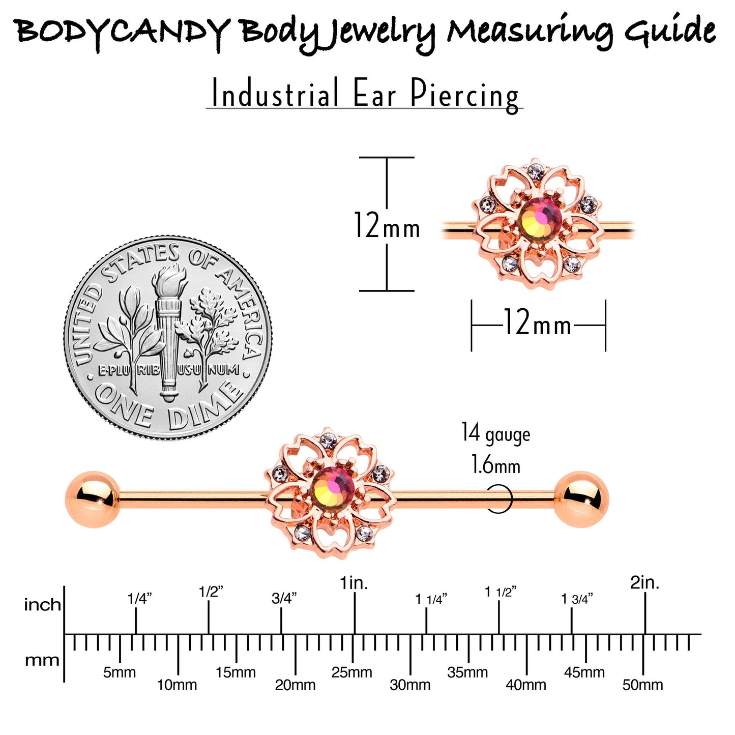 14G Dark Aurora Gem Rose Gold Tone Flower Industrial Barbell 38mm