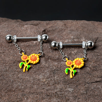 14G 9/16 Happy Sunflower Duo Chain Dangle Nipple Ring Set