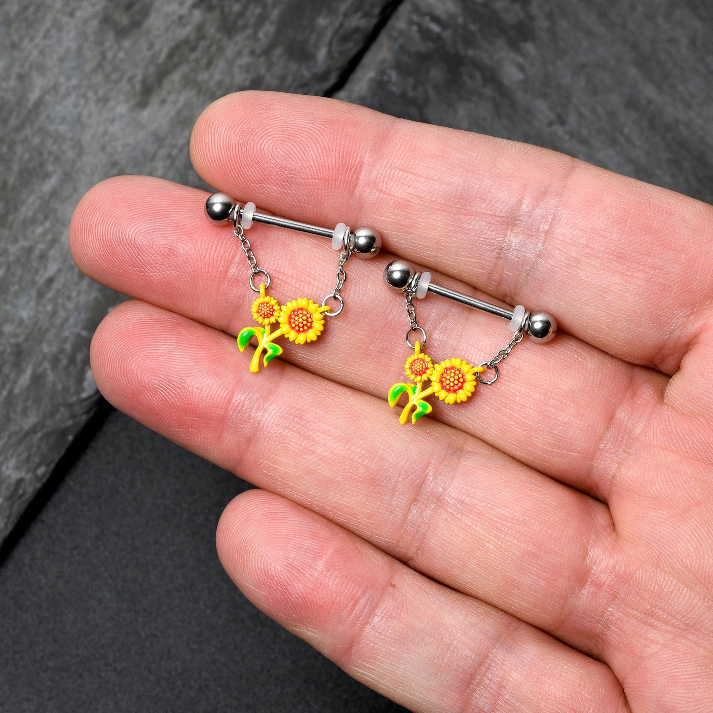 14G 9/16 Happy Sunflower Duo Chain Dangle Nipple Ring Set