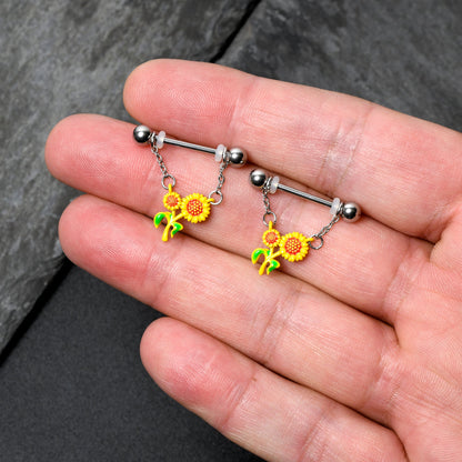 14G 9/16 Happy Sunflower Duo Chain Dangle Nipple Ring Set