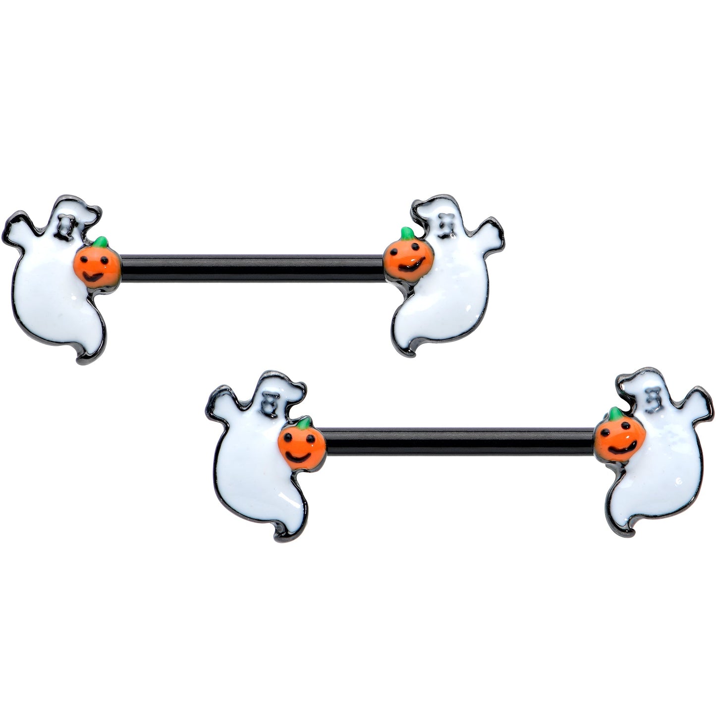 14G 9/16 Black Halloween Pumpkin Ghost Barbell Nipple Ring Set