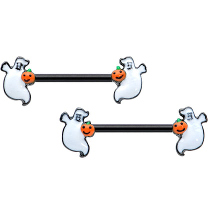 14G 9/16 Black Halloween Pumpkin Ghost Barbell Nipple Ring Set
