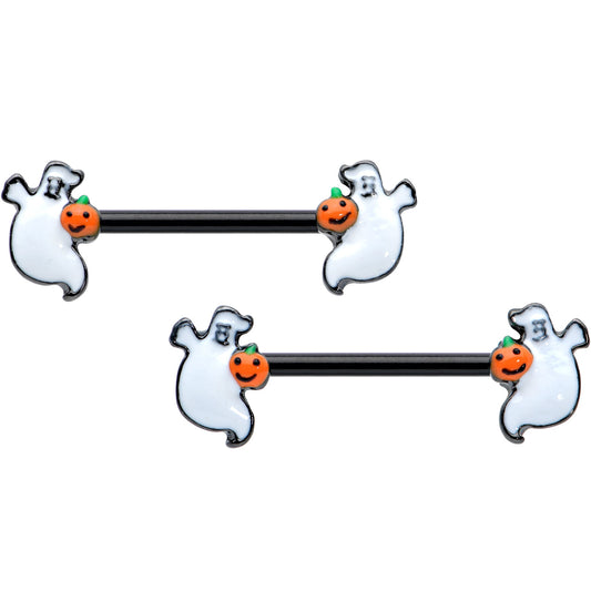 14G 9/16 Black Halloween Pumpkin Ghost Barbell Nipple Ring Set