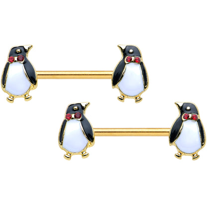 14G 9/16 Red Gem Gold Hue Bow Tie Penguin Barbell Nipple Ring Set