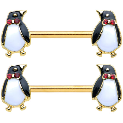 14G 9/16 Red Gem Gold Hue Bow Tie Penguin Barbell Nipple Ring Set