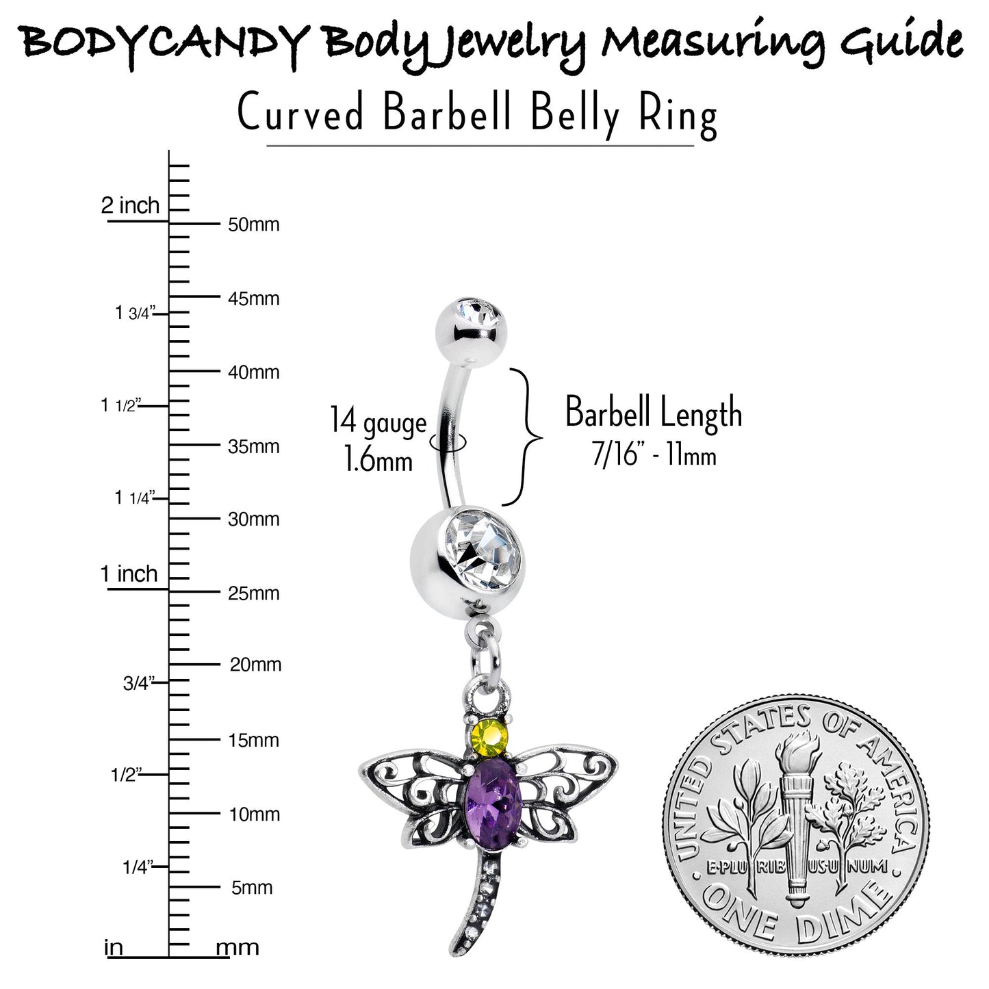 Clear Yellow Purple Gem Dragonfly Dangle Belly Ring