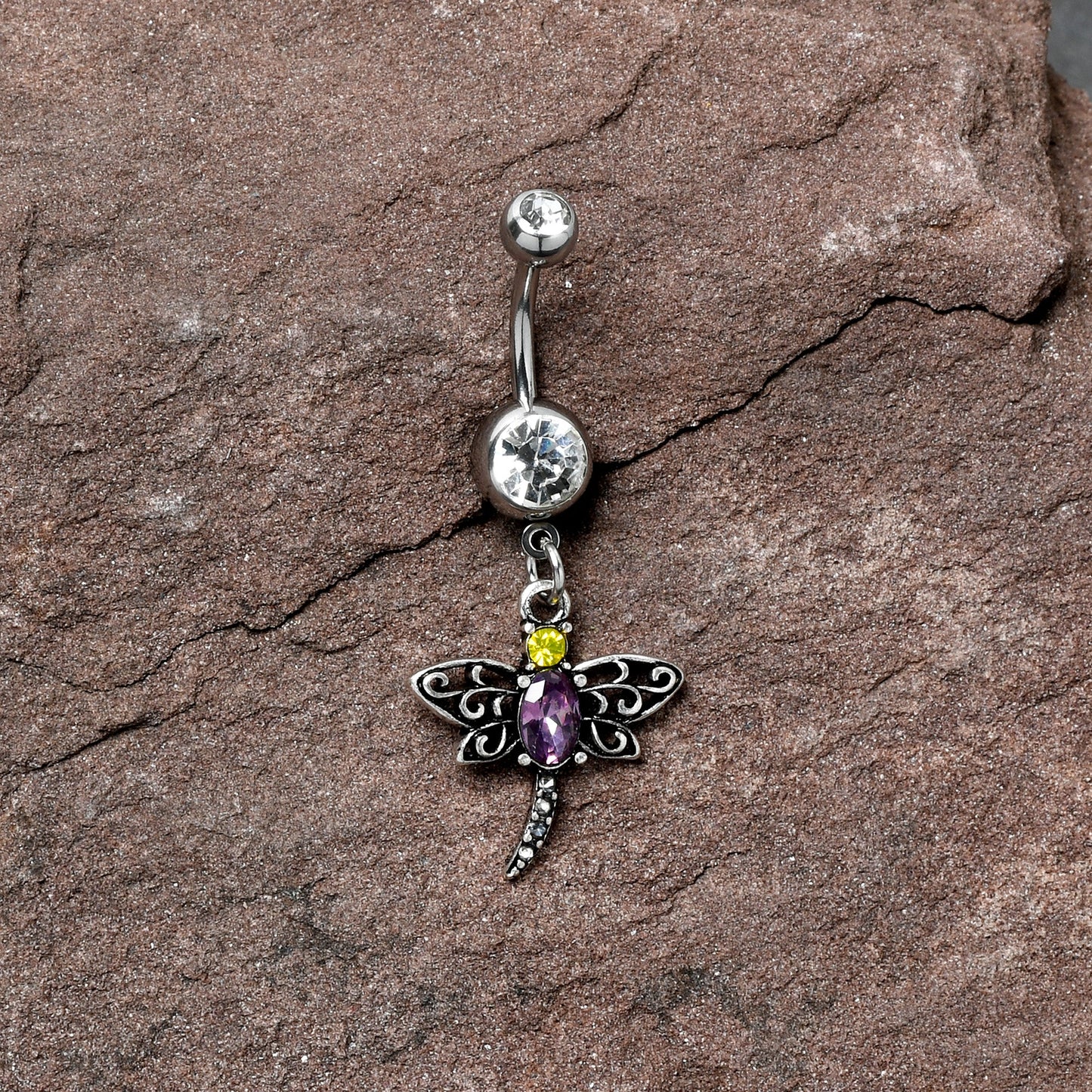Clear Yellow Purple Gem Dragonfly Dangle Belly Ring