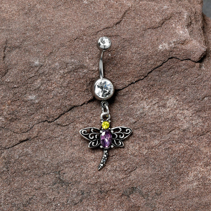 Clear Yellow Purple Gem Dragonfly Dangle Belly Ring