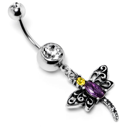 Clear Yellow Purple Gem Dragonfly Dangle Belly Ring