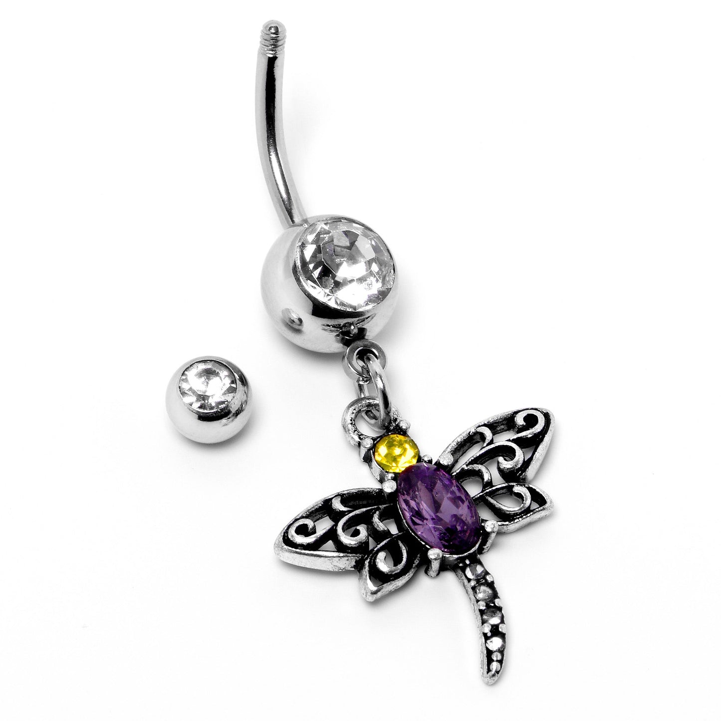 Clear Yellow Purple Gem Dragonfly Dangle Belly Ring