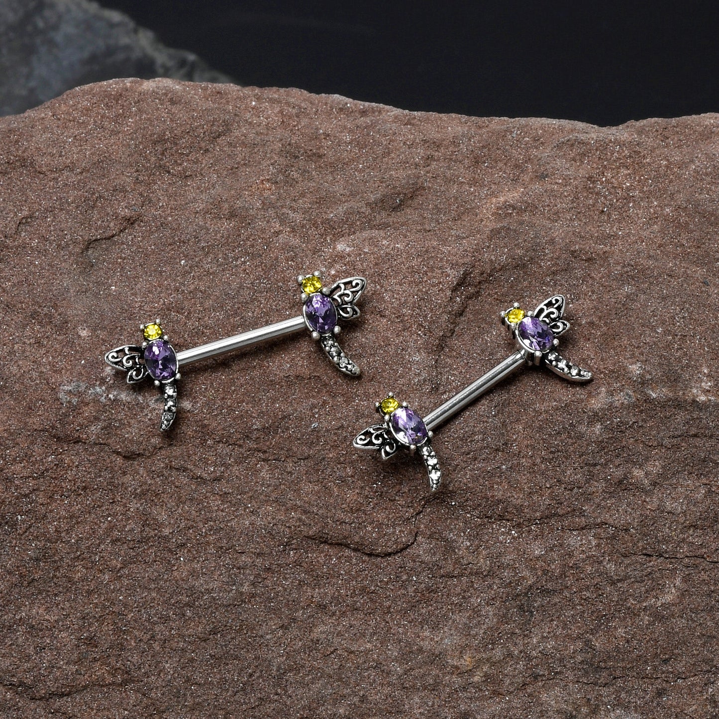 14G 9/16 Purple Yellow Gem Dragonfly Barbell Nipple Ring Set
