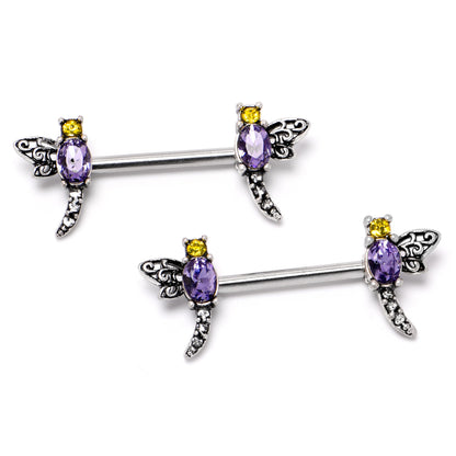 14G 9/16 Purple Yellow Gem Dragonfly Barbell Nipple Ring Set