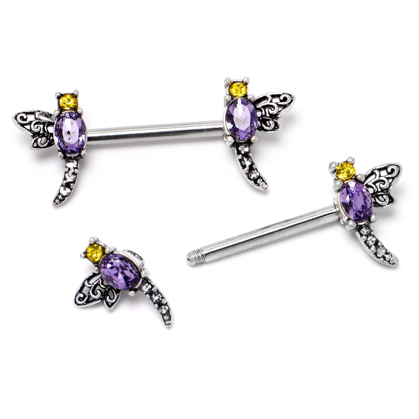 14G 9/16 Purple Yellow Gem Dragonfly Barbell Nipple Ring Set