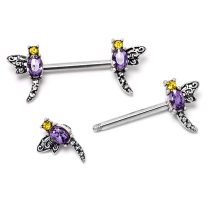 14G 9/16 Purple Yellow Gem Dragonfly Barbell Nipple Ring Set