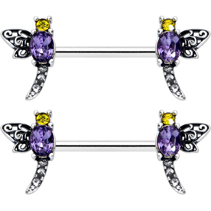 14G 9/16 Purple Yellow Gem Dragonfly Barbell Nipple Ring Set
