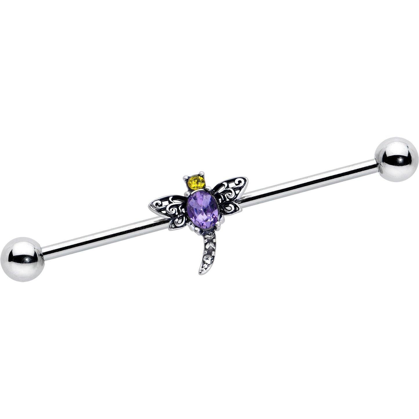 14G Purple Yellow Gem Dragonfly Industrial Barbell 38mm