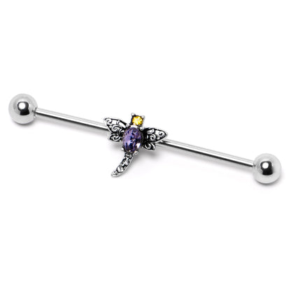 14G Purple Yellow Gem Dragonfly Industrial Barbell 38mm