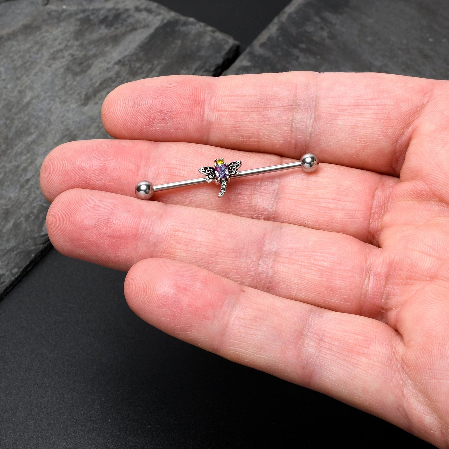 14G Purple Yellow Gem Dragonfly Industrial Barbell 38mm