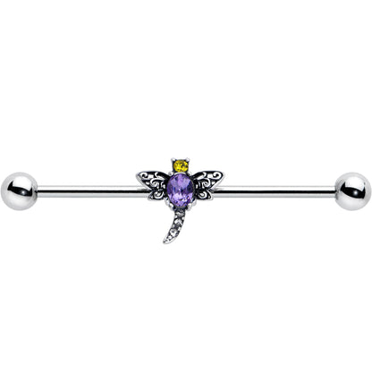 14G Purple Yellow Gem Dragonfly Industrial Barbell 38mm