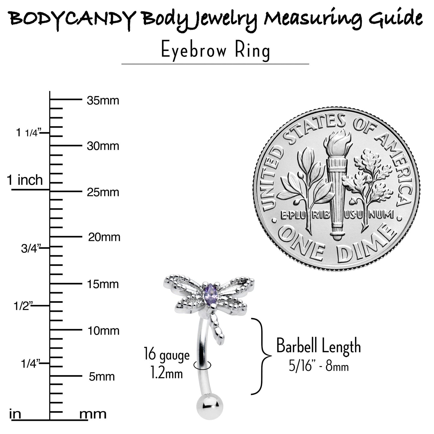 16G 5/16 Purple CZ Gem Open Dragonfly Curved Eyebrow Ring