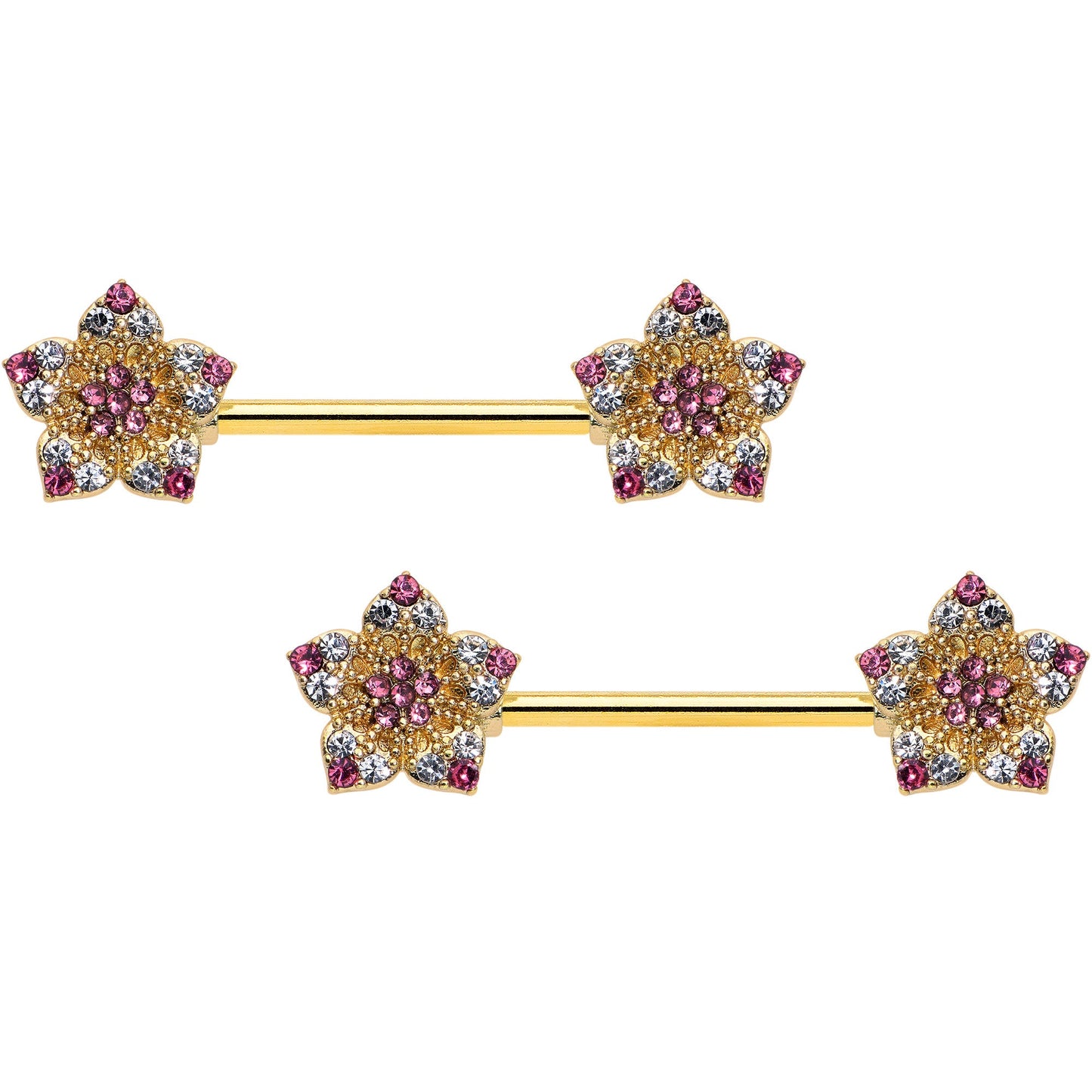 14G 9/16 Pink Gem Gold Tone Texture Star Barbell Nipple Ring Set