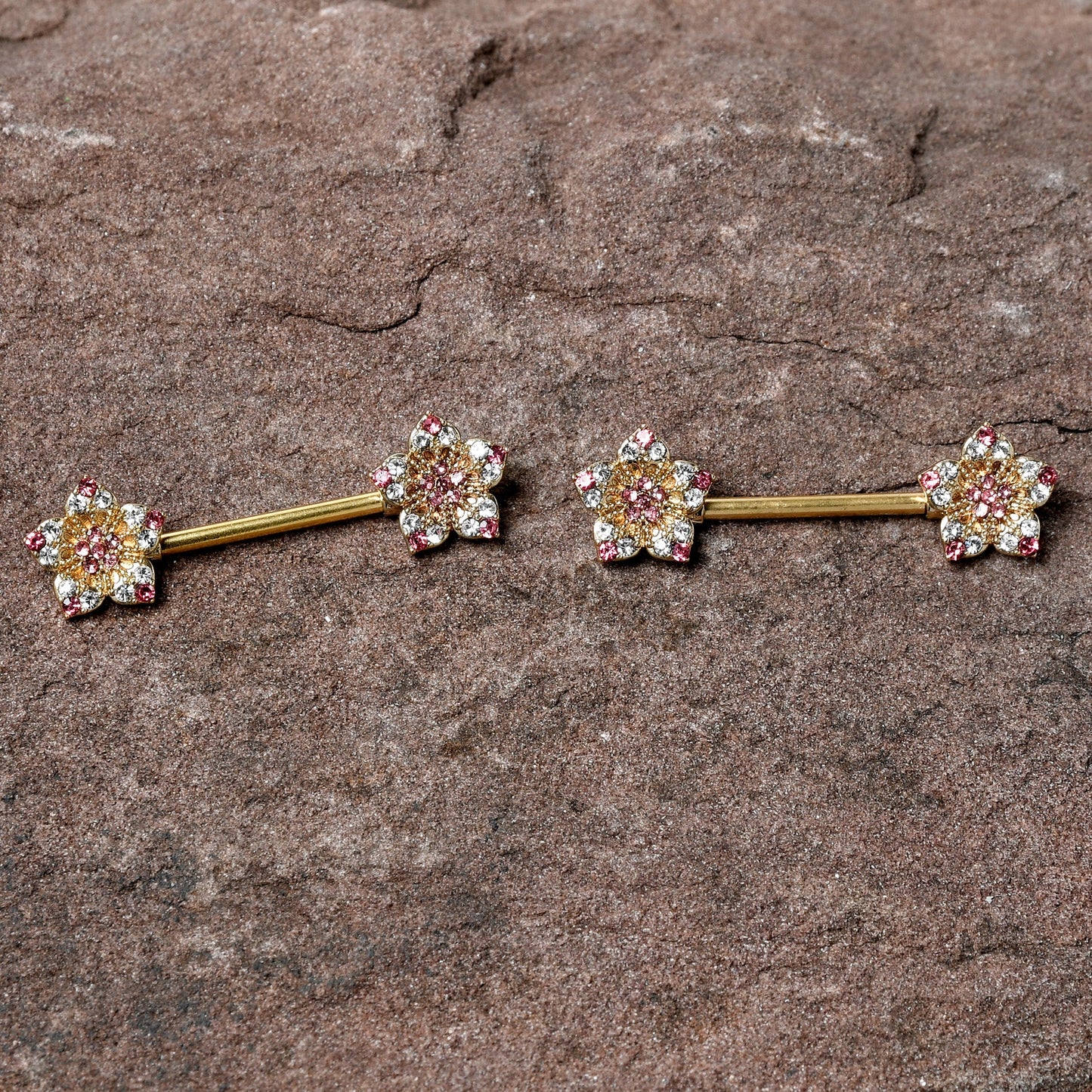14G 9/16 Pink Gem Gold Tone Texture Star Barbell Nipple Ring Set