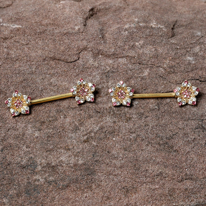 14G 9/16 Pink Gem Gold Tone Texture Star Barbell Nipple Ring Set